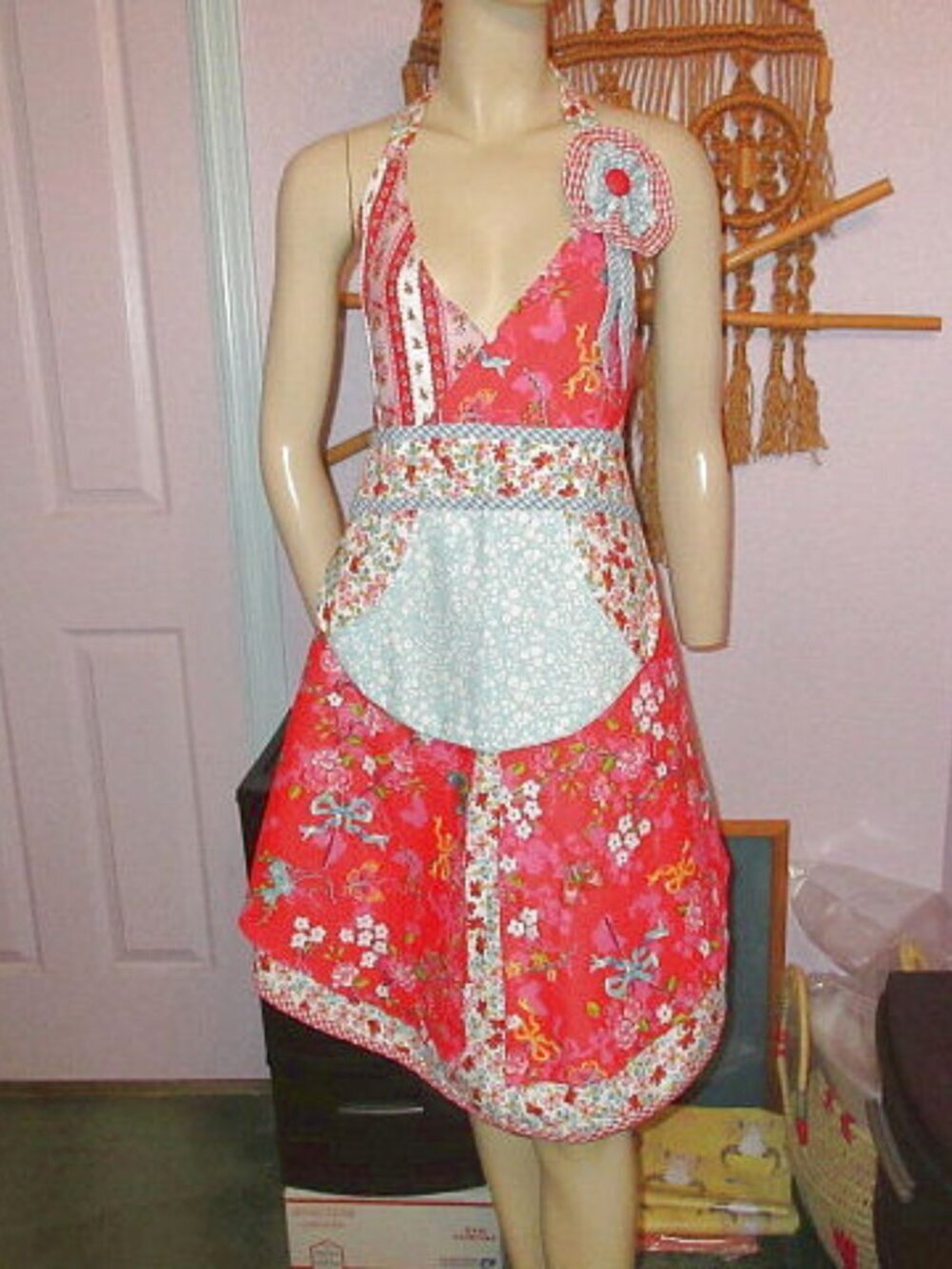 Vtg Coquette Tradwife Pinafore Apron Dress Tie Back Halter Pockets Cottagecore
